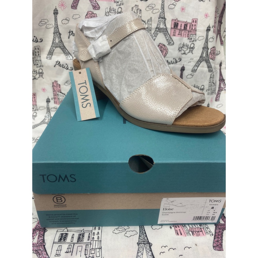 TOMS Eloise Champagne Shimmer Suede Block Heel Sandals Womens 8 10023154